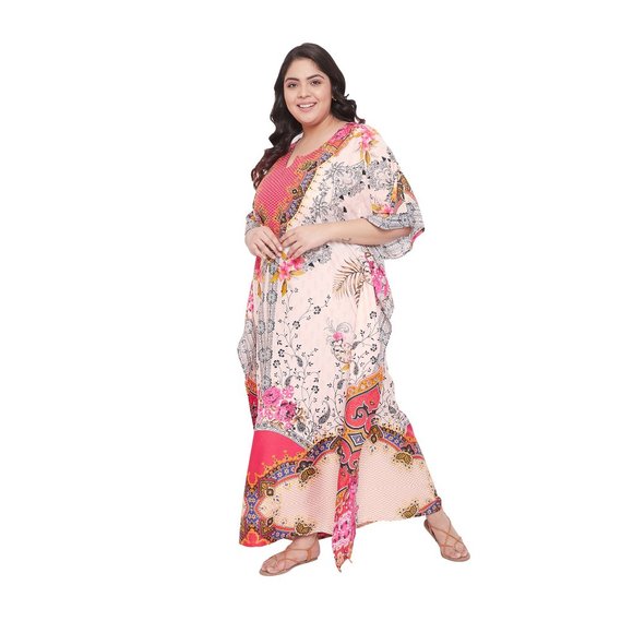 Floral Printed Pink Polyester Kaftan Dress Valentine Day for Women by Gypsie Blu - Picture 7 of 9